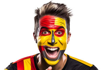 man soccer fun portrait with painted face of spanish national flag isolated on transparent background