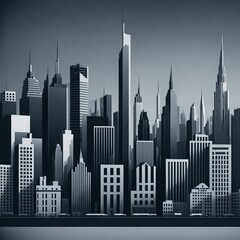 AI generated illustration of a city skyline at night with high-rise buildings in grayscale