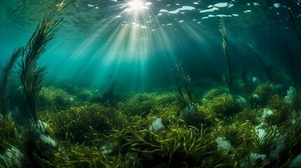 Fototapeta na wymiar AI-generated illustration of clear ocean water with underwater plants illuminated by sunbeams.