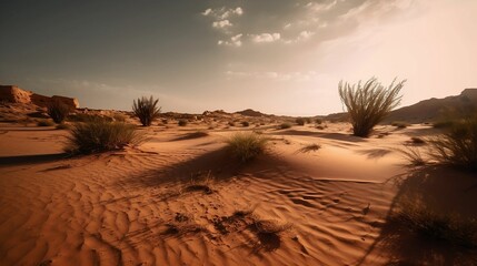 Fototapeta na wymiar AI-generated illustration of a tranquil desert at sunset.