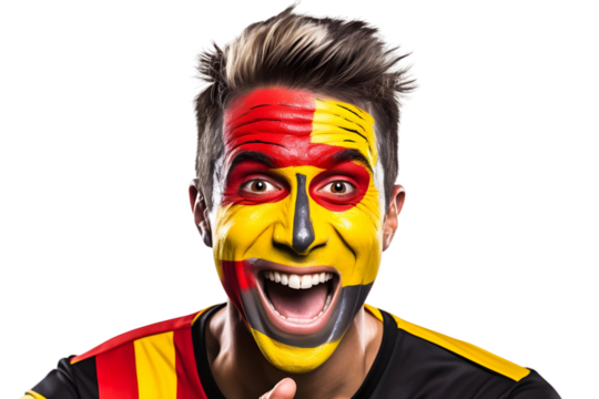 man soccer fun portrait with painted face of spanish national flag isolated on transparent background