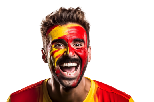 man soccer fun portrait with painted face of spanish national flag isolated on transparent background