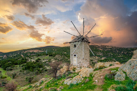 Windmills of Foca Town in Turkey - Powered by Adobe