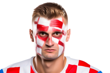 man soccer fun portrait with painted face of croatian national flag isolated on transparent background