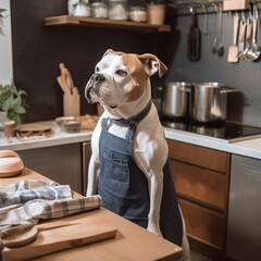AI-generated illustration of a bulldog in an apron standing in a kitchen.