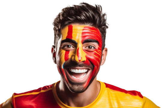 man soccer fun portrait with painted face of spanish national flag isolated on transparent background