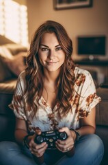 Young woman in casual attire at home playing video games. AI-generated.