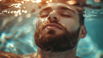 A handsome young man swims and relaxes in the pool.