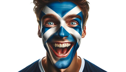 man soccer fun portrait with painted face of scottish national flag isolated on transparent background