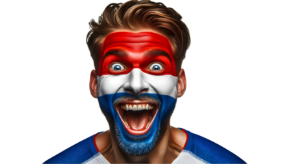 man soccer fun portrait with painted face of national flag isolated on transparent background