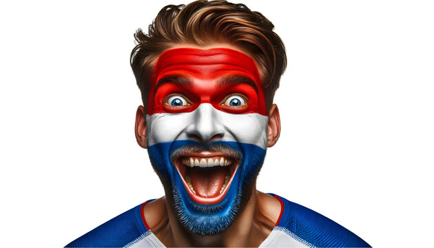 man soccer fun portrait with painted face of national flag isolated on transparent background - Powered by Adobe
