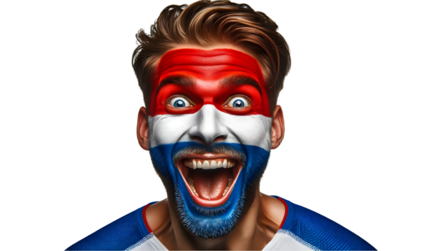 man soccer fun portrait with painted face of national flag isolated on transparent background
