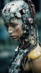 a robotic human figure with metal and wiring components attached to its head