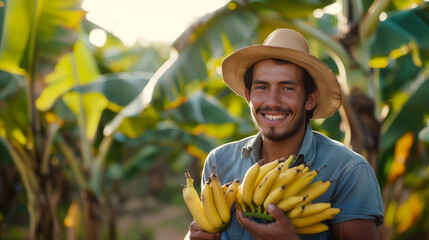 Harvesting: A farmer picking bananas by hand - obrazy, fototapety, plakaty