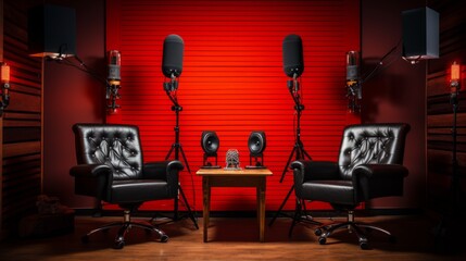 Modern studio interior set for podcasts and interviews, featuring two comfortable chairs in elegant setting