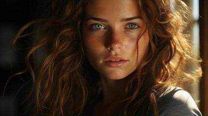 Naklejka premium A young woman with long, wavy hair looking into the camera standing near the window