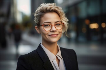 AI generated illustration of A young female is standing outdoors, smiling and wearing glasses