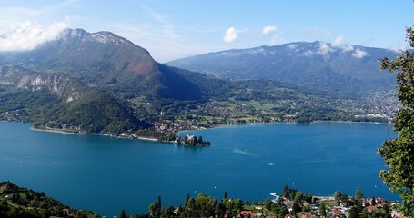 Aerial view of the picturesque lake of Talloires-Montmin in the French Alps