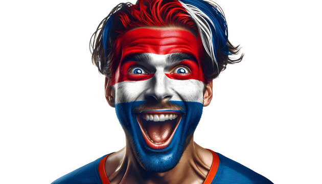 man soccer fun portrait with painted face of dutch national flag isolated on transparent background - Powered by Adobe
