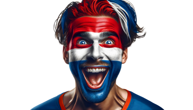 man soccer fun portrait with painted face of dutch national flag isolated on transparent background