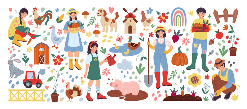 House farm. Cute gardener. Happy agriculture worker. Care of domestic animals. Farmers grow vegetables. Sheep and pig. organic products. Home garden. Village barn and mill. Vector farming elements set