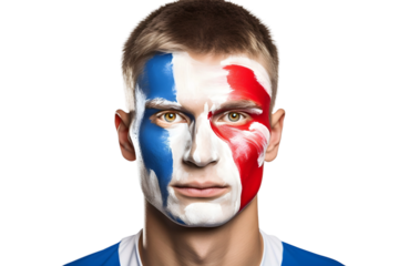 man soccer fun portrait with painted face of french national flag isolated on transparent background