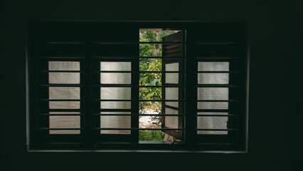 Fototapeta premium Window with its blinds open, surrounded by lush greenery