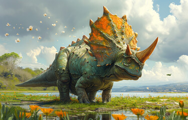 Fototapeta premium Dinosaur on the background of forest.
