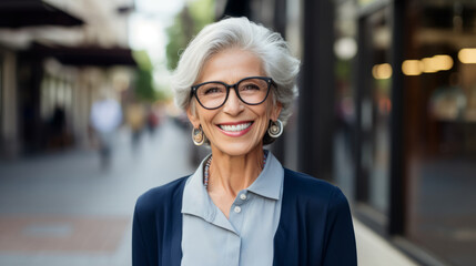 Smiling elderly woman, standing in the city. A happy old Caucasian grandmother wearing glasses, standing outdoors on a nice day. Good looking cheerful European senior female outside, close-up portrait - Powered by Adobe