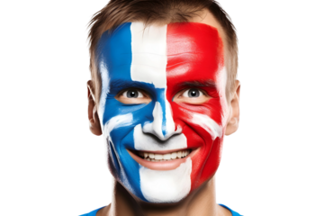 man soccer fun portrait with painted face of french national flag isolated on transparent background