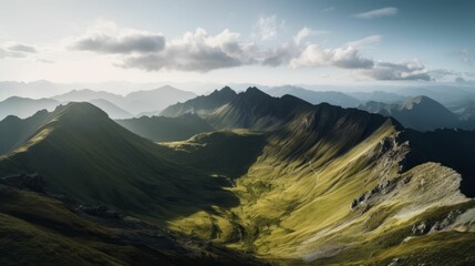 AI-generated illustration of a breathtaking mountain range and blue sky with floating clouds.