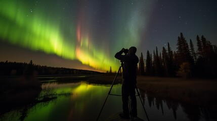 AI-generated illustration of a professional photographer capturing the stunning aurora borealis.
