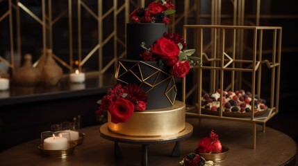 Fototapeta na wymiar AI-generated illustration of a delicious three-tiered cake embellished with red flowers.