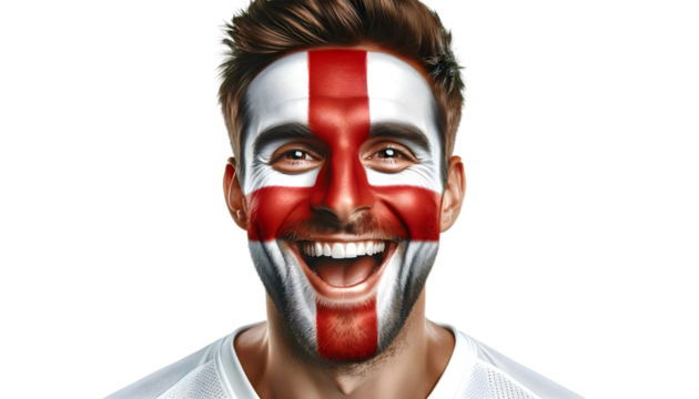 man soccer fun portrait with painted face of english national flag isolated on transparent background