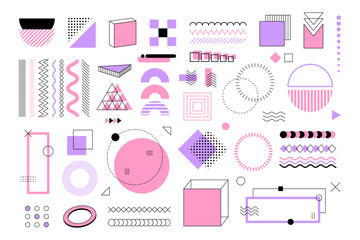 Frame geometry. Simple retro decoration, line pink and purple title, label icon box, pop modern, diagram infographic, border ornament Memphis. Vector design garish isolated contemporary element set