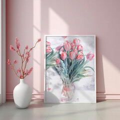 A gentle picture with pale tulips and flowers in a pink room and sunlight from the window. Painting and flowers in a pink bright room