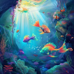 Fototapeta na wymiar A vibrant rainbow fish scene, stimulating underwater exploration and color recognition.