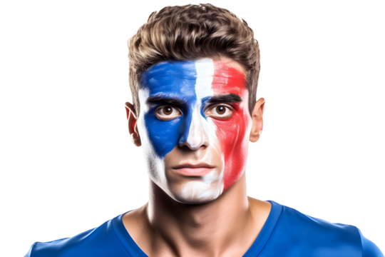 man soccer fun portrait with painted face of french national flag isolated on transparent background