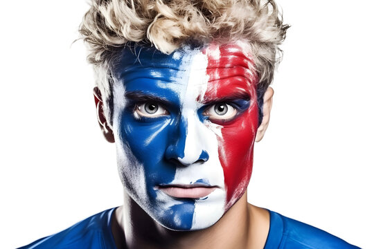 man soccer fun portrait with painted face of french national flag isolated on transparent background
