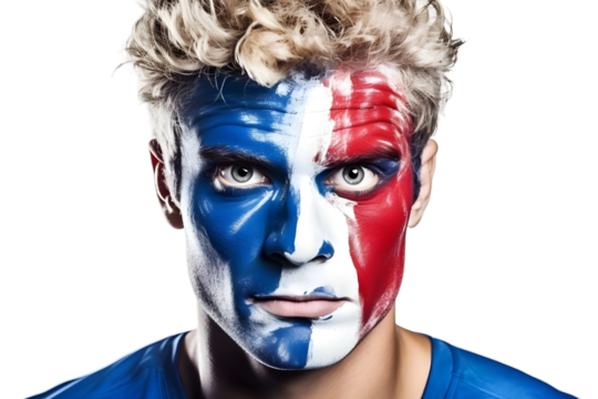 man soccer fun portrait with painted face of french national flag isolated on transparent background