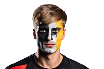man soccer fun portrait with painted face of national flag isolated on transparent background