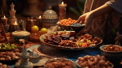 Fototapeta premium Immerse yourself in the culinary heritage of Ramadan as you discover the artistry of preparing Traditional Arabic dishes, showcasing the essence of dates and almonds.