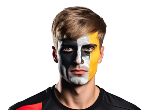 man soccer fun portrait with painted face of national flag isolated on transparent background - Powered by Adobe