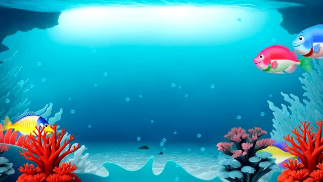 Underwater world. Fish swim. Bubbles rise up