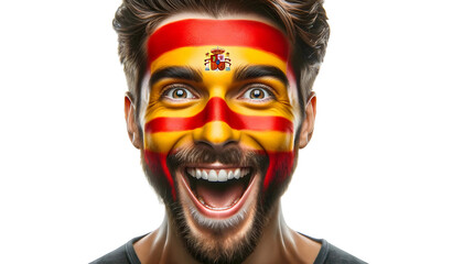 man soccer fun portrait with painted face of spanish national flag isolated on transparent...
