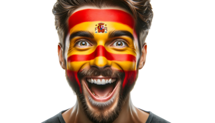 man soccer fun portrait with painted face of spanish national flag isolated on transparent background