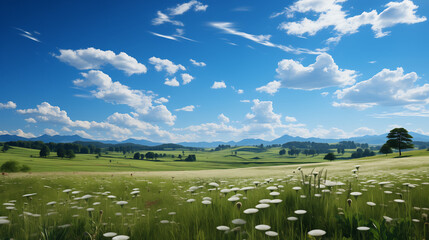 Fototapeta premium 푸른 하늘 아래 펼쳐진 싱그러운 초원의 평화로운 풍경