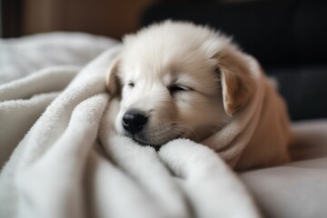 AI-generated illustration of a cute Golden Retriever puppy curled up in a cozy blanket.