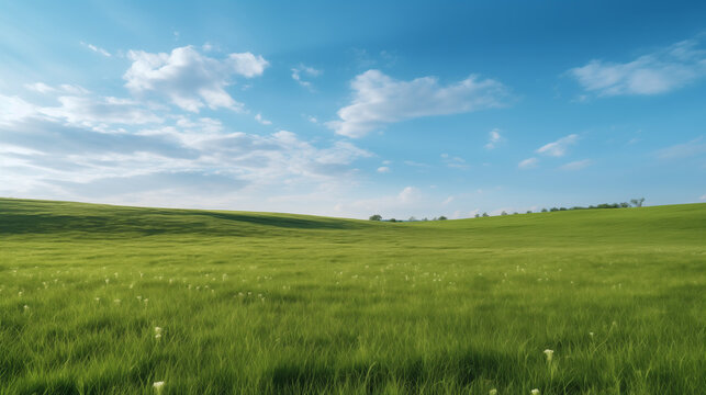 푸른 하늘 아래 펼쳐진 싱그러운 초원의 평화로운 풍경