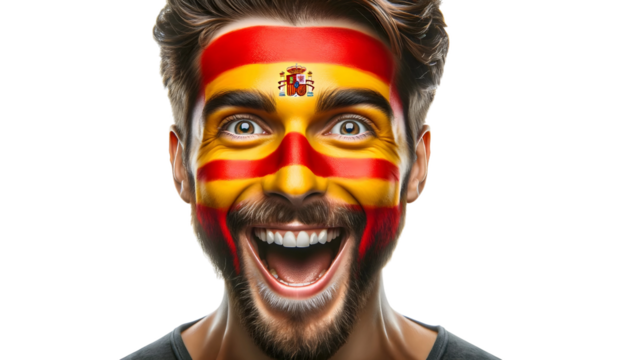 man soccer fun portrait with painted face of spanish national flag isolated on transparent background - Powered by Adobe
